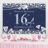 Lofaris Dark Blue Denim and Diamonds 16Th Birthday Backdrop
